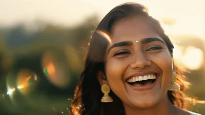 Young Indian Woman Laughing Outdoors In Golden Hour Sunlight