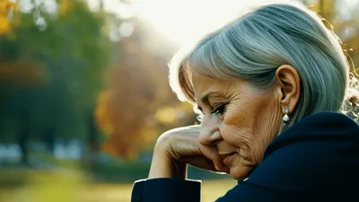 Pensive Elderly Woman Sitting Outdoors In Autumn Park