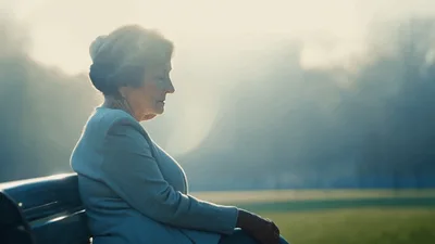 Elderly Woman Sitting Alone On Park Bench