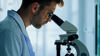 Scientist Examining Biological Samples Under Laboratory Microscope
