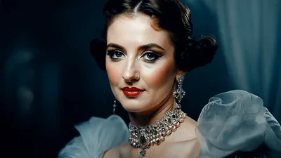 Elegant Woman In Vintage Victorian Gown Smiling At Camera