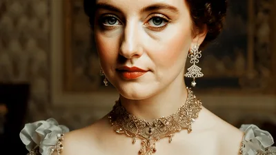 Elegant Victorian Woman Wearing Ornate Jewelry And Gown