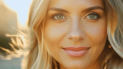 Beautiful Blonde Woman Smiling Outdoors In Golden Hour Light