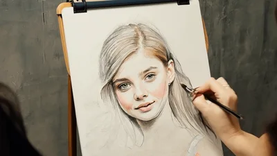 Artist Drawing A Realistic Portrait Of A Young Woman
