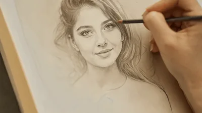 Artist Drawing A Realistic Portrait Of A Young Woman