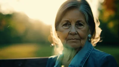 Elderly Woman Sitting On Park Bench During Golden Hour
