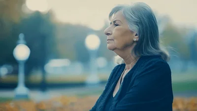 Senior Woman Sitting Alone In A Quiet Autumn Park