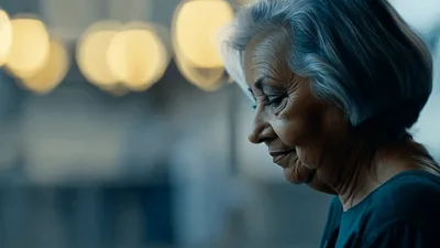 Elderly Woman Smiling While Looking Down In Thoughtful Reflection