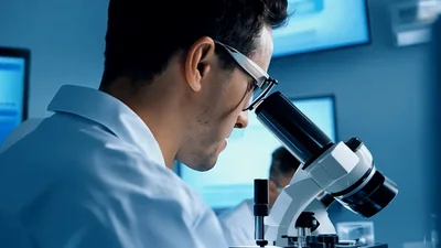 Scientist Examining Biological Samples Under Laboratory Microscope