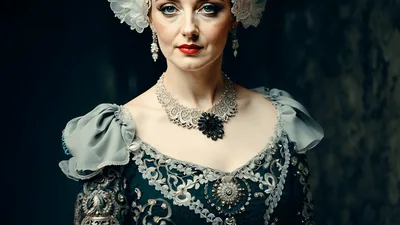 Elegant Woman In Victorian Costume Looking At Camera