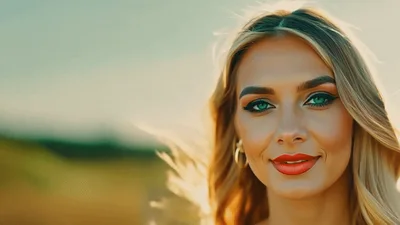 Beautiful Blonde Woman With Green Eyes Looking At Camera