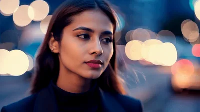 Young Woman Standing On City Street At Night