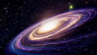 Spiral Galaxy Rotating In Deep Space With Green Nebula