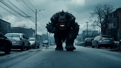 Giant Spiky Monster Walking Down City Street