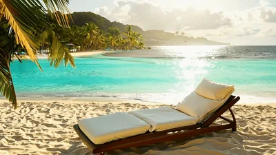 Empty Lounge Chair On Tropical Beach At Sunset