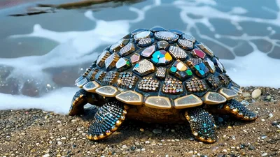Jeweled Turtle Figurine Resting On A Pebble Beach