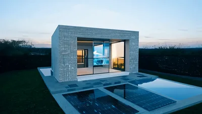 Aerial View Of Modern Minimalist House With Pool