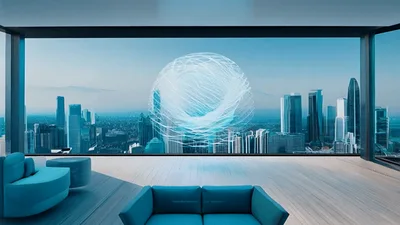 Futuristic Holographic Sphere Floating In Modern High Rise Apartment