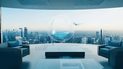 Futuristic Office Interior With Holographic Bitcoin Display