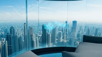 Futuristic Smart Home Interface With Holographic City View