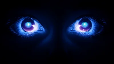 Glowing Blue Human Eyes Opening In Darkness
