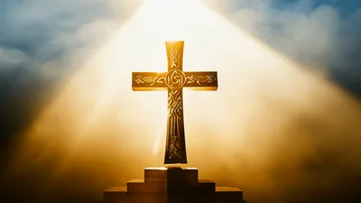 Golden Cross Standing On Stone Pedestal With Light Rays
