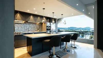 Modern Kitchen Interior With Scenic Balcony View