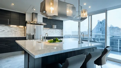 Modern Kitchen Interior With Marble Island And City View
