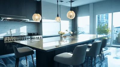 Modern Luxury Kitchen Interior With Island And Bar Stools
