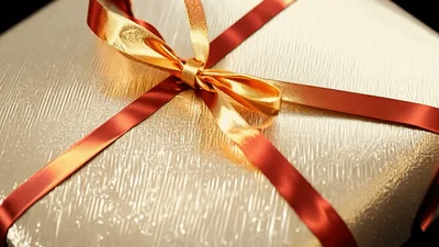 Golden Gift Box With Red Ribbon Rotating Slowly