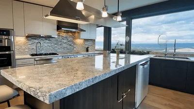 Modern Kitchen Interior With Panoramic View Of Landscape