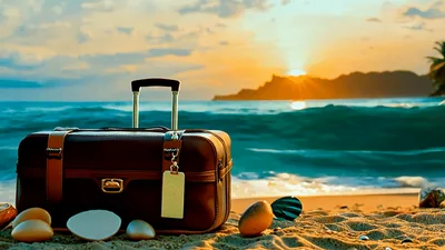 Vintage Suitcase Sitting On A Tropical Beach At Sunset
