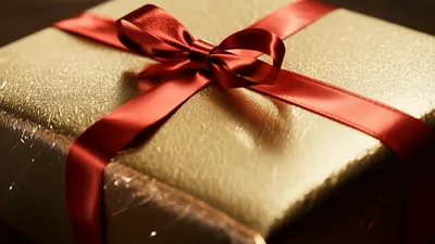 Red Ribbon Bow Forming on Gold Gift Box