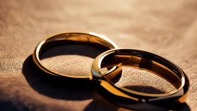 Two Golden Wedding Rings Resting On Textured Fabric