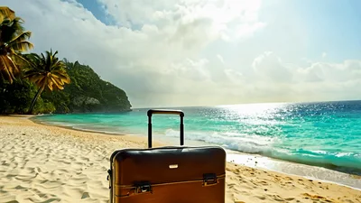 Brown Suitcase Standing On A Tropical Beach