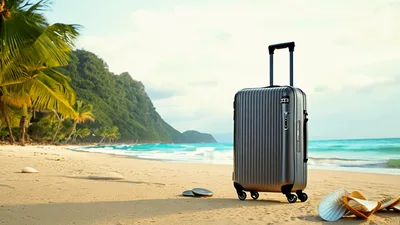 Grey Suitcase Standing On A Tropical Beach