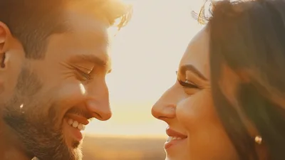 Loving Couple Touching Noses During Romantic Sunset