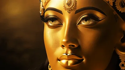 Golden Egyptian Queen Statue Portrait With Glowing Eyes