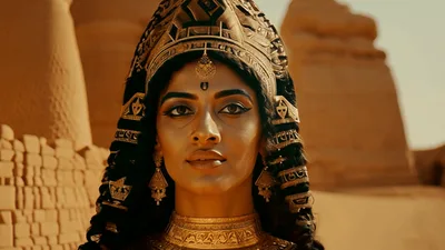 Egyptian Queen Standing In Desert With Ornate Gold Jewelry