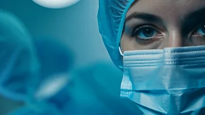 Female Surgeon Looking Directly Into Camera In Operating Room