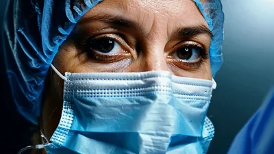 Close Up Of A Tired Surgeon Wearing Surgical Mask