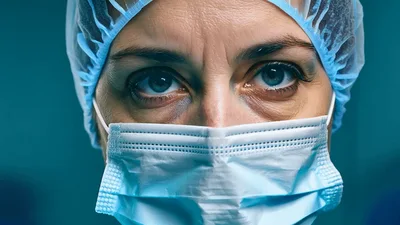 Close Up Of A Tired Surgeon Wearing Surgical Mask