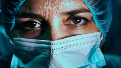 Close Up Of A Tired Surgeon Opening Her Eyes