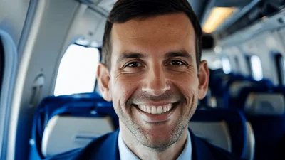 Smiling Businessman Sitting On A Commercial Airplane