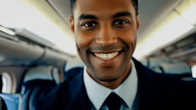 Smiling Flight Attendant Looking At Camera On Airplane