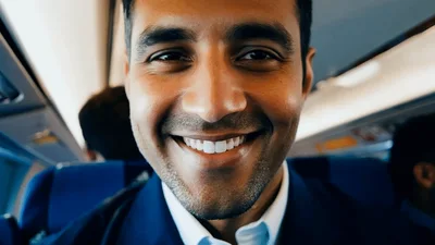 Young Professional Man Smiling On A Train