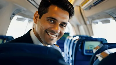 Friendly Male Flight Attendant Smiling In Airplane Cabin