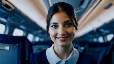 Flight Attendant Smiling Inside Airplane Cabin