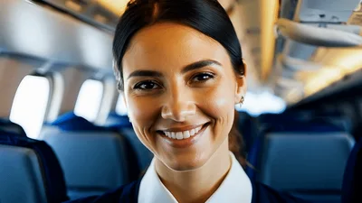 Friendly Flight Attendant Smiling In Airplane Cabin