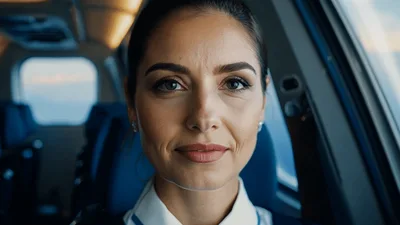 Flight Attendant Smiling Inside Airplane Cabin